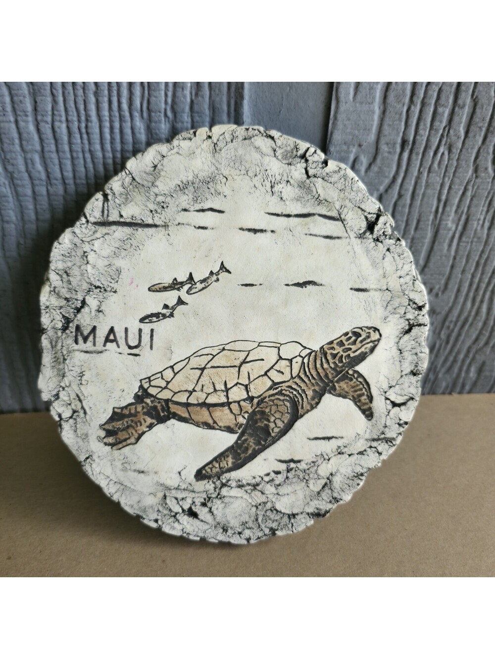 VTG Stan Langtwait Maui Hawaii Honu Turtle Plaque Signed Volcano Ash Art Clay
